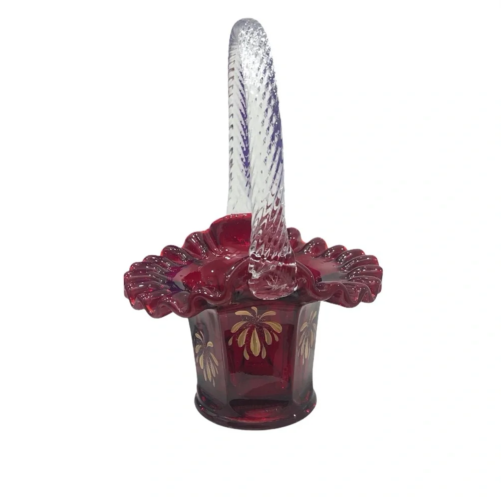 FENTON GOD BLESS AMERICA HAND PAINTED PATRIOTIC RED GLASS BASKET